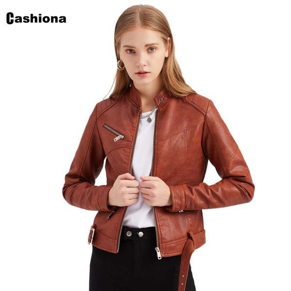 

women's jackets cashiona 2021 autumn faux pu leather women fashion femme outerwear pocket zipper coat lace-up slim biker jacket, Black;brown