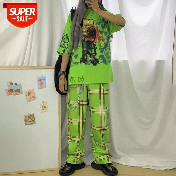 

two piece set green graffiti tshirt and plaid pants harajuku women streetwear womens outfits preppy summer matching sets #104z, White