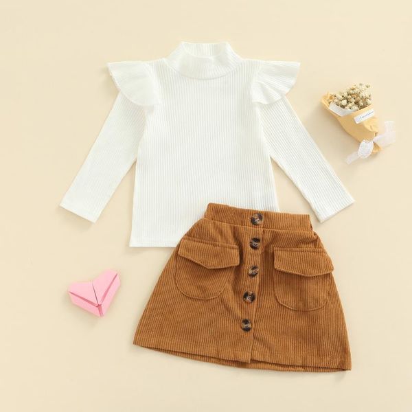 

clothing sets fall winter kids skirt set 2pcs long sleeve turtleneck ribbed high waist buttoned baby girls children's, White