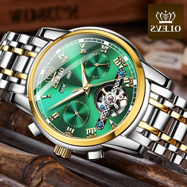 

olevs automatic mechanical men's watches luxury waterproof premium movement man clock stainless steel wristwatch gifts for men, Slivery;brown