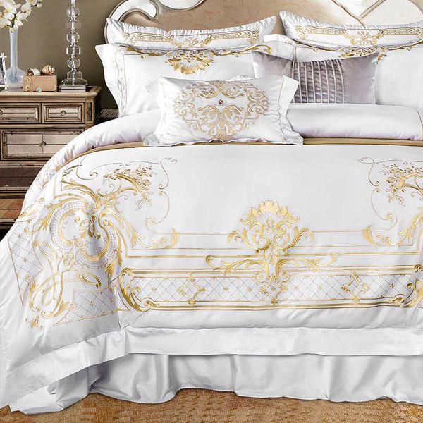 Weißes Bettwäsche-Set aus ägyptischer Baumwolle, King-Size-Bett, schicke goldene Stickerei, superweiches Bettlaken und Bettbezug