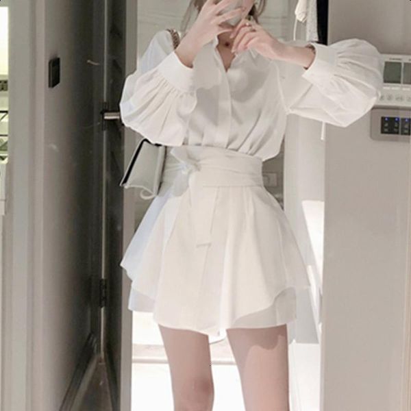 

summer fashion white long shirt casual suit female lantern sleeve wide leg short pant two-piece suit with belt, Gray