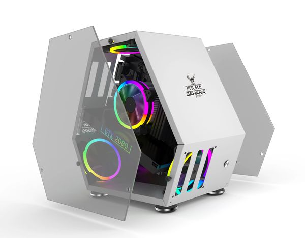 Sahara Monster Computer-Gaming-Gehäuse M-ATX Desktop Mini, speziell geformtes Gehäuse, wettbewerbsfähiges Glas, seitliche Unterstützung für M-ATX/ITX-Motherboard – Blau