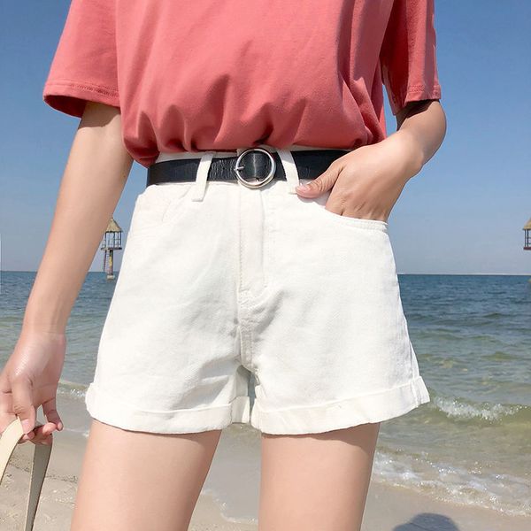 

2021 new summer women casual black denim with belt classic female high waist solid color blue white jeans shorts maop, White;black