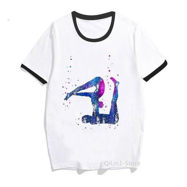 

watercolor couple yo-ga printed graphic tees shirt femme harajuku kawaii tshirt women gymnastics sports white ringer t shirt diy