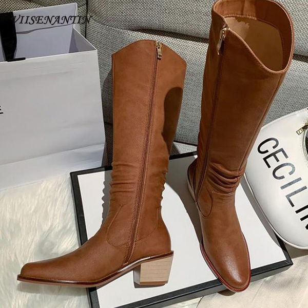 

boots autumn and winter round toe stitching fold side zipper long thick heel mid-heel knight leather high dark brown, Black