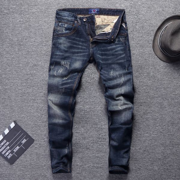 

italian male retro-dark blue skinny fit torn denim breech hip men's pants streetwear vintage designer homme jeans dswv