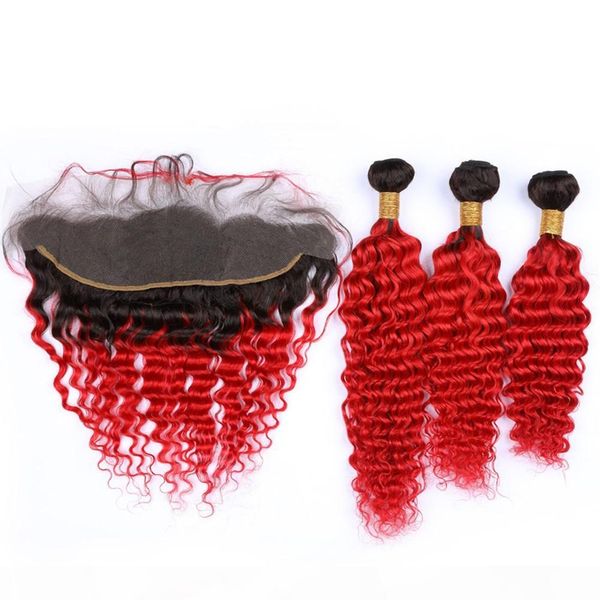 

#1b red ombre peruvian human hair 13x4 lace frontal closure with weaves bright red ombre deep wavy virgin hair 3pcs bundles with frontal, Black;brown