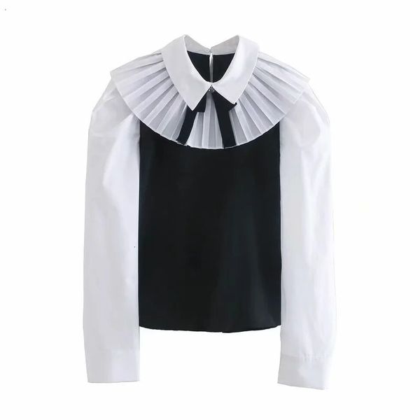 

new patchwork 2021 black white women pleated bow puff long sleeve woman rhinestone button lolita blouse 5cv5 rhc1