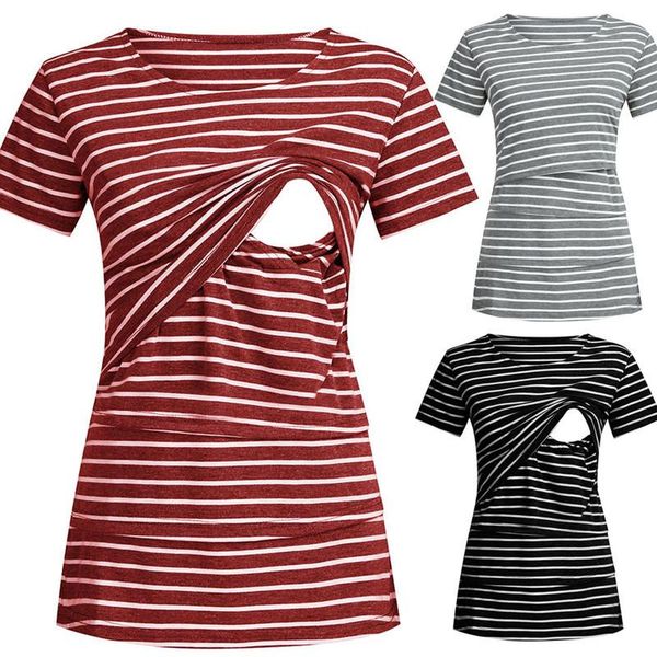 

maternity & tees round neck short sleeve pregnant women striped breastfeeding clothes t-shirt nursing t0505, White