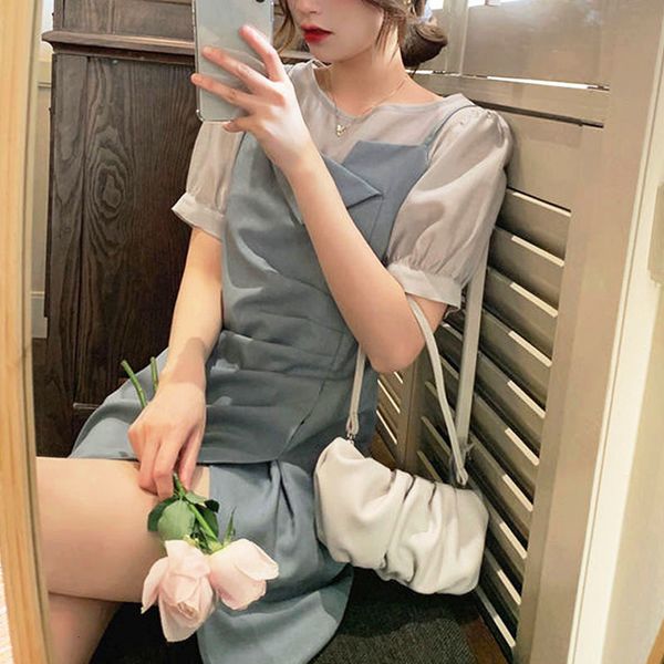 

casual dresses elegant vintage women short sleeve basic fake two korean office ladies summer chic dott, Black;gray