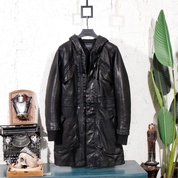 

men's leather & faux heavy water to knit tanned sheep skin transplant japanese long in restoring ancient ways hunting trench coat, Black
