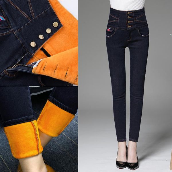 

women's jeans plus size 6xl pants woman winter autumn warm trouser high waist long pencil, Blue