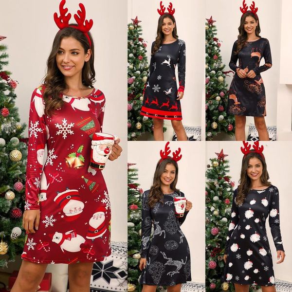 

casual dresses christmas women dress long sleeve o-neck xmas elk snowman print fashion dress, vestido midi, robe 2022, Black;gray