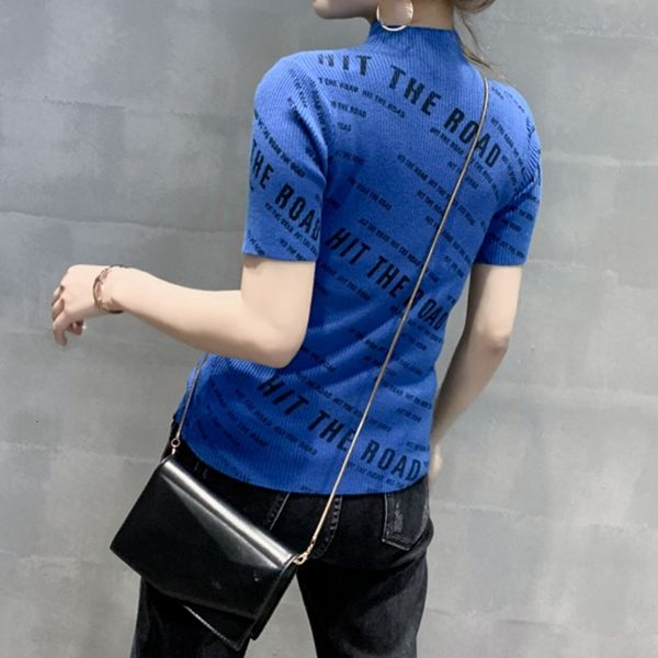 

2021 new summer european clothes knit women tshirt fashion letter turtleneck bottoming shirt ropa mujer slim tees t08104l 2gvk, White