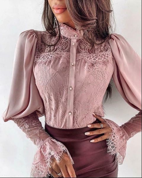 

fashion womens clothing long flare sleeve lace flower shirt blouse ladies korean turtleneck pearl button female blusas, White