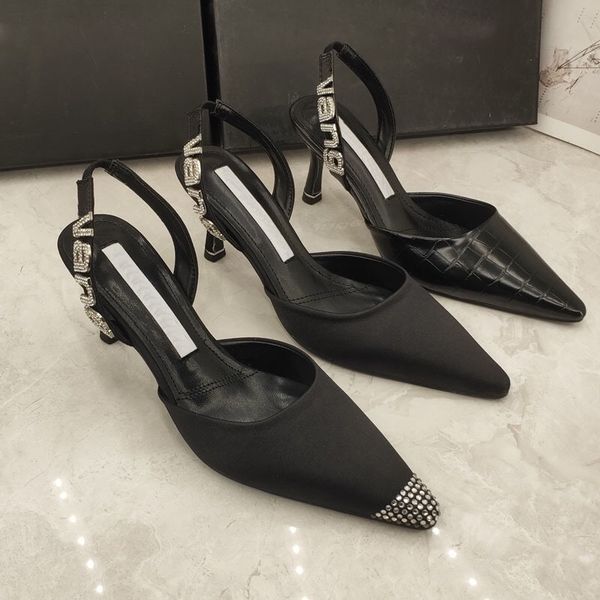 

net red king baotou sandals 2021 spring and summer new one word with thin heel rhinestone letter pointed high heeled shoes women, Black