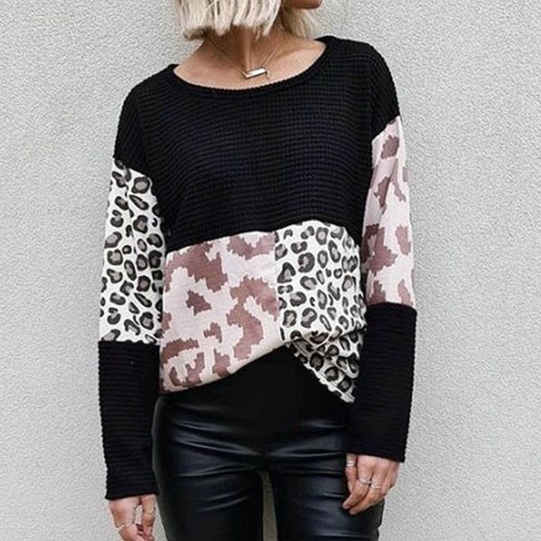 

women's sweaters women spring autumn loose casual color matching design o-neck long sleeve leopard print slim pullovers knitted top, White;black