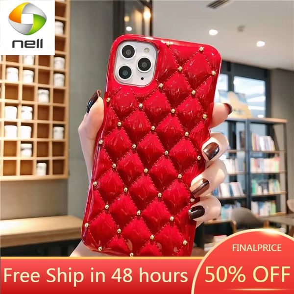 

diy brand classic lattice square soft lambskin leather cover phone case iphone 11 12 pro max 12mini 7p 8 plus x xr xs max ca