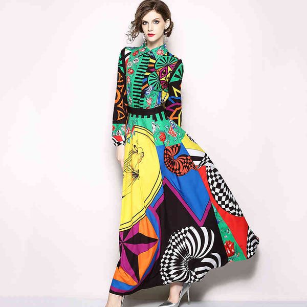 

runway maxi dress fashion summer style women full sleeve turn-down collar vintage print casual long vestidos 210525, Black;gray