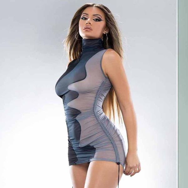 

2021 spring mesh sheer sleeveless drawstring mini dresses streetwear nightclub rave festival dress women fashion clothing, Black;gray