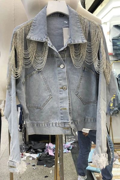 

2021 spring lace stitching sleeve bead tassel washed denim short coat loose women cropped jacket girls lady casual jeans jackets, Black;brown