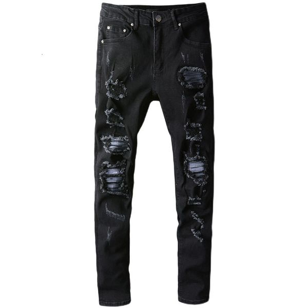 

men's male fashion new black high street ripped jeans patch slim denim pants trousers 664 z5uu, Blue