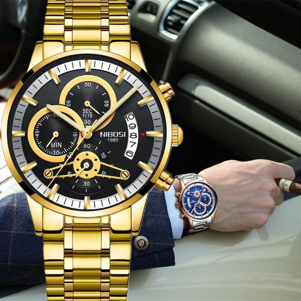 

wristwatches relogio masculino nibosi men watches gold male clock automatic date quartz watch luminous calendar wristwatch, Slivery;brown
