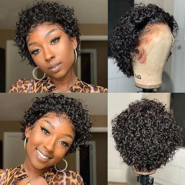 

lace wigs wigirl t part short bob water curly pixie cut wig frontal human hair for women deep wave 250 density colored, Black;brown