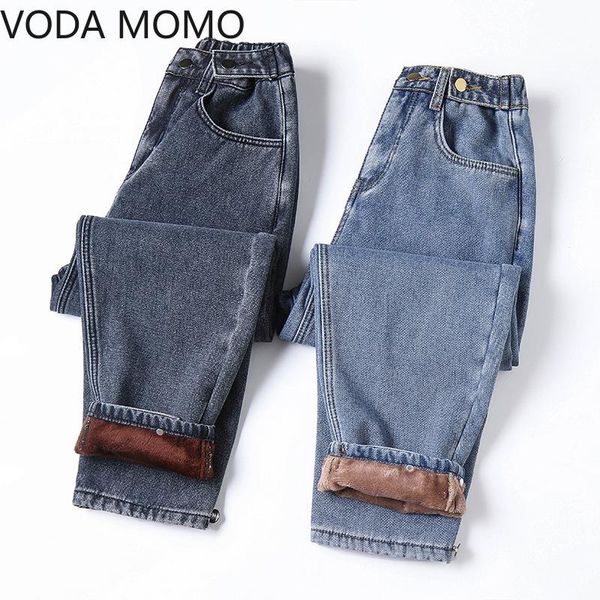 

winter thick fleece warm loose mom harem pants jeans women high waist casual streetwear female blue denim pants plus size 5xl