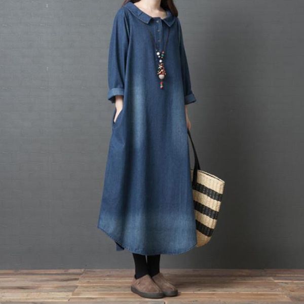 Casual Kleider Frauen Vintage Denim Maxi Kleid 2021 Frühling Sommer Langarm Lose Boho Kaftan Jeans Robe Tunika Plus Größe