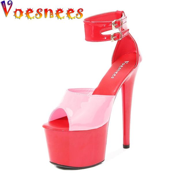 

sandals 17cm heels women size 43 mixed colors show model party stiletto heel ankle strap 2021 peep toe platform shoes, Black