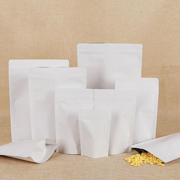 

storage bags 50pcs lining aluminum foil white kraft paper zipper bag resealable reusable food dried fruits nuts candy tea