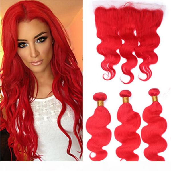 

bright red body wave human hair 3 bundles with lace frontal brazilian straight pure red virgin hair frontal lace closure 13x4" with bun, Black;brown