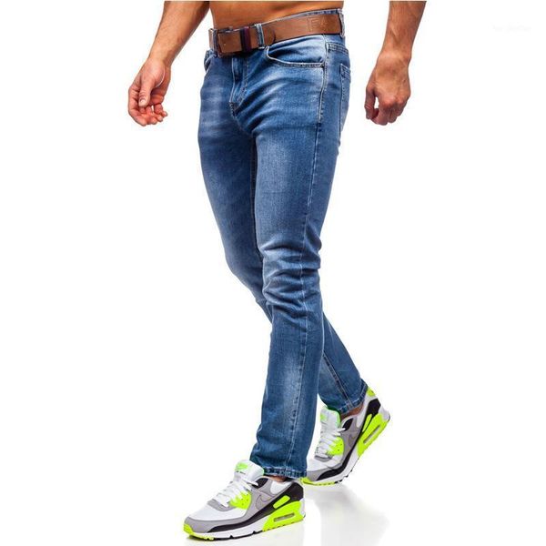 

men's jeans spring and autumn men cotton mid-waist zipper placket straight casual blue slim-fit micro-elastic denim trousers1