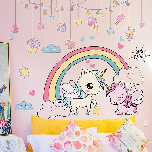 [Shijuehezi] Animais dos desenhos animados adesivos DIY arco-íris unicórnio decalques de parede de cavalo para crianças Quartos Bebê quarto decoração 210310