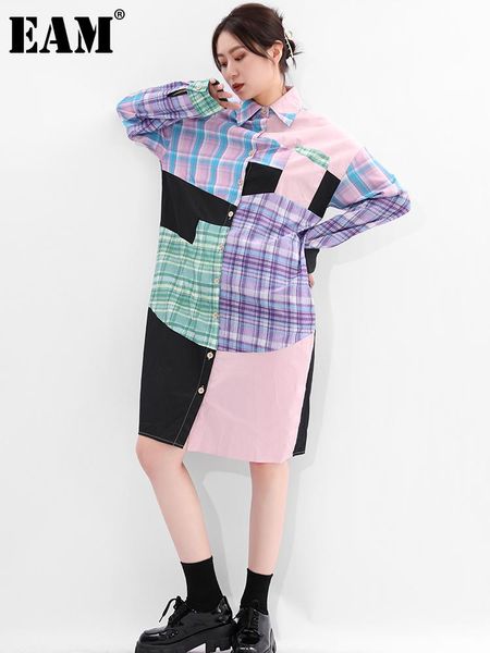 

casual dresses [eam] women contrast color plaid big size shirt dress lapel long sleeve loose fit fashion tide spring autumn 2021 1dd363414, Black;gray