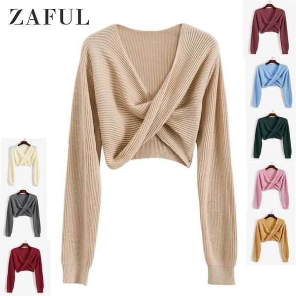 

women's sweaters zaful women v neck cropped twist front sweater cross knotted solid loose knitted 9 colors elastic short pullovers, White;black