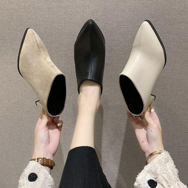 

slippers 2021c spring british style women's thick heel black comfortable shoes