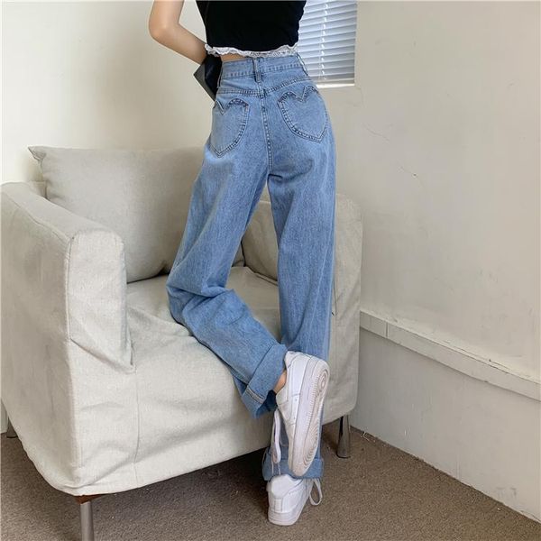 

women's jeans summer thin high waist wide leg pants love heart women, Blue