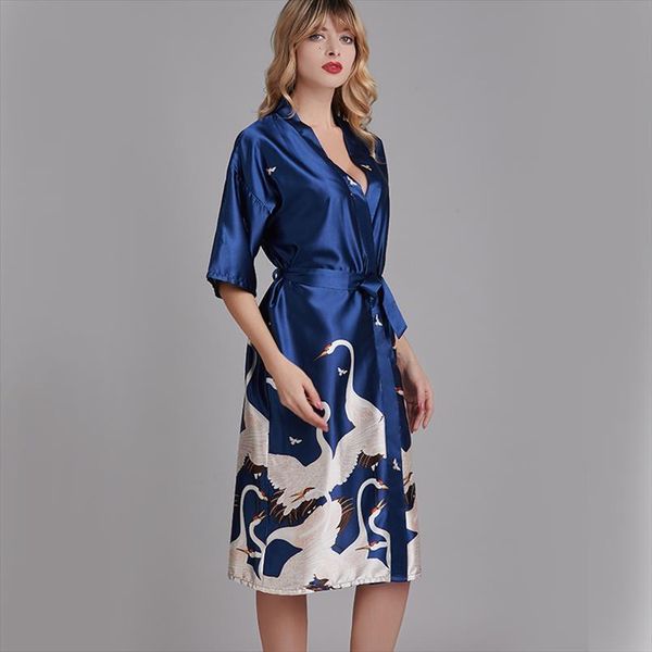 

spring autumn silk pajamas sets womens sleepwears crane print pijama satin pyjamas robe bathrobe for female, Black;red