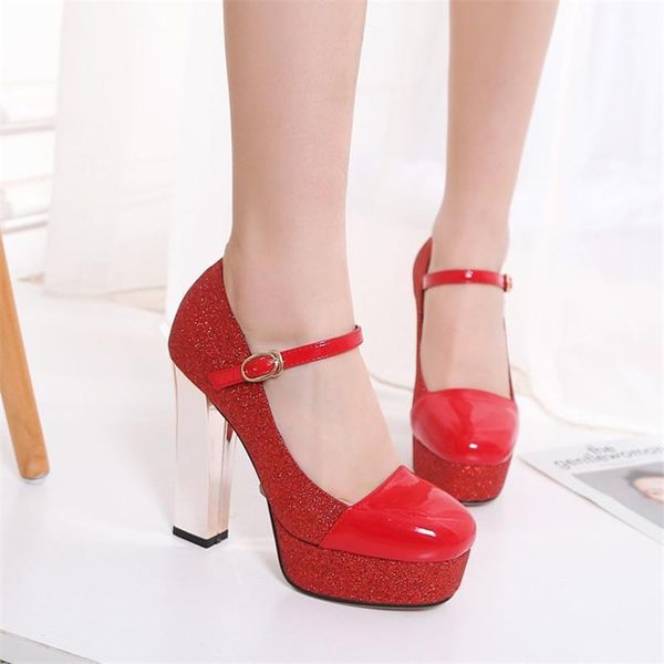 

dress shoes pxelena 2021 gorgeous bling bride wedding women chunky block high heels platform mary janes pumps gold silver red sequined, Black