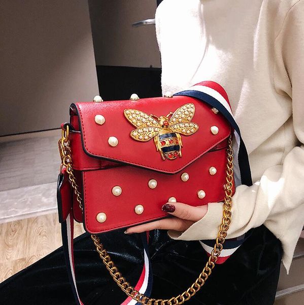 

wholesale womens handbag exquisite diamond chain bag sweet lady pearl decoration women shoulder bags striped wide shoulders strap fashion ha, Black;red