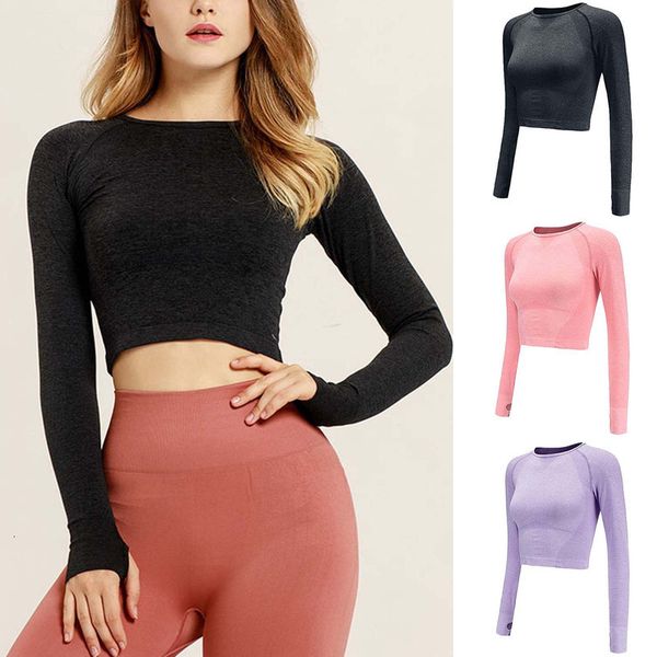 

2021 new women's fitness t-shirt sport long mouw low crew neck power stretch yoga crop gym clothing, White