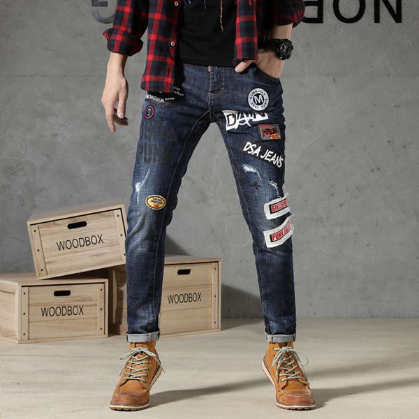 

spring new men's slim jeans youth fashion hole leg pants 045, Blue