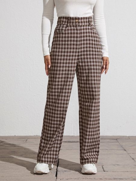 

high waist plaid wide leg pants 59ex#, Black;white