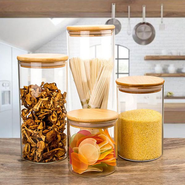

transparent glass food storage canisters corks cover jars bottles for sand liquid food eco-friendly glass bottles with bamboo lid
