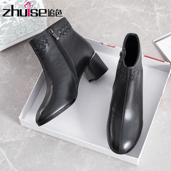 

boots leather women's short single high heel 2021 autumn thick mid-heel winter, Black