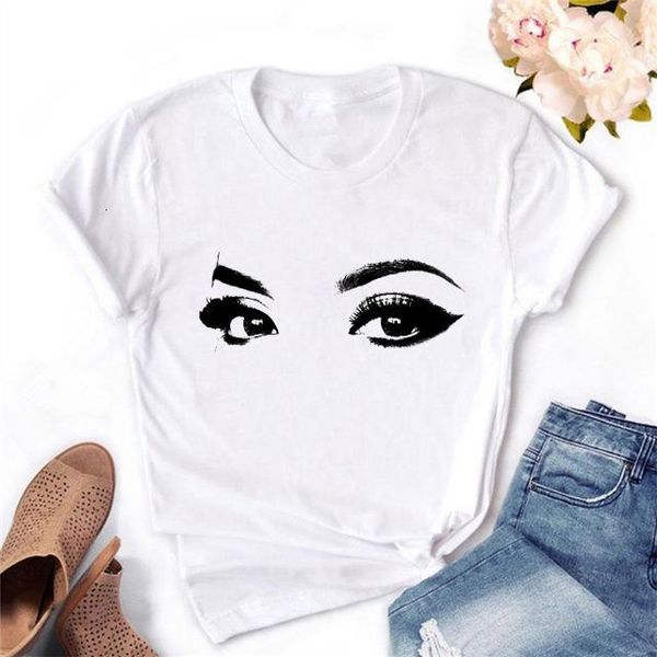 

princess makeup art pink eyelashes print vogue t shirt women kawaii tshirt streetwear summer o-neck woman clothes, White