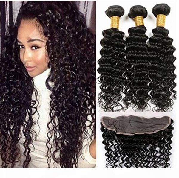 

ruma hair 13*4 lace frontal with bundles 3pcs lot 8a raw beazilian virgin human hair deep wave curly with full frontal lace band, Black;brown